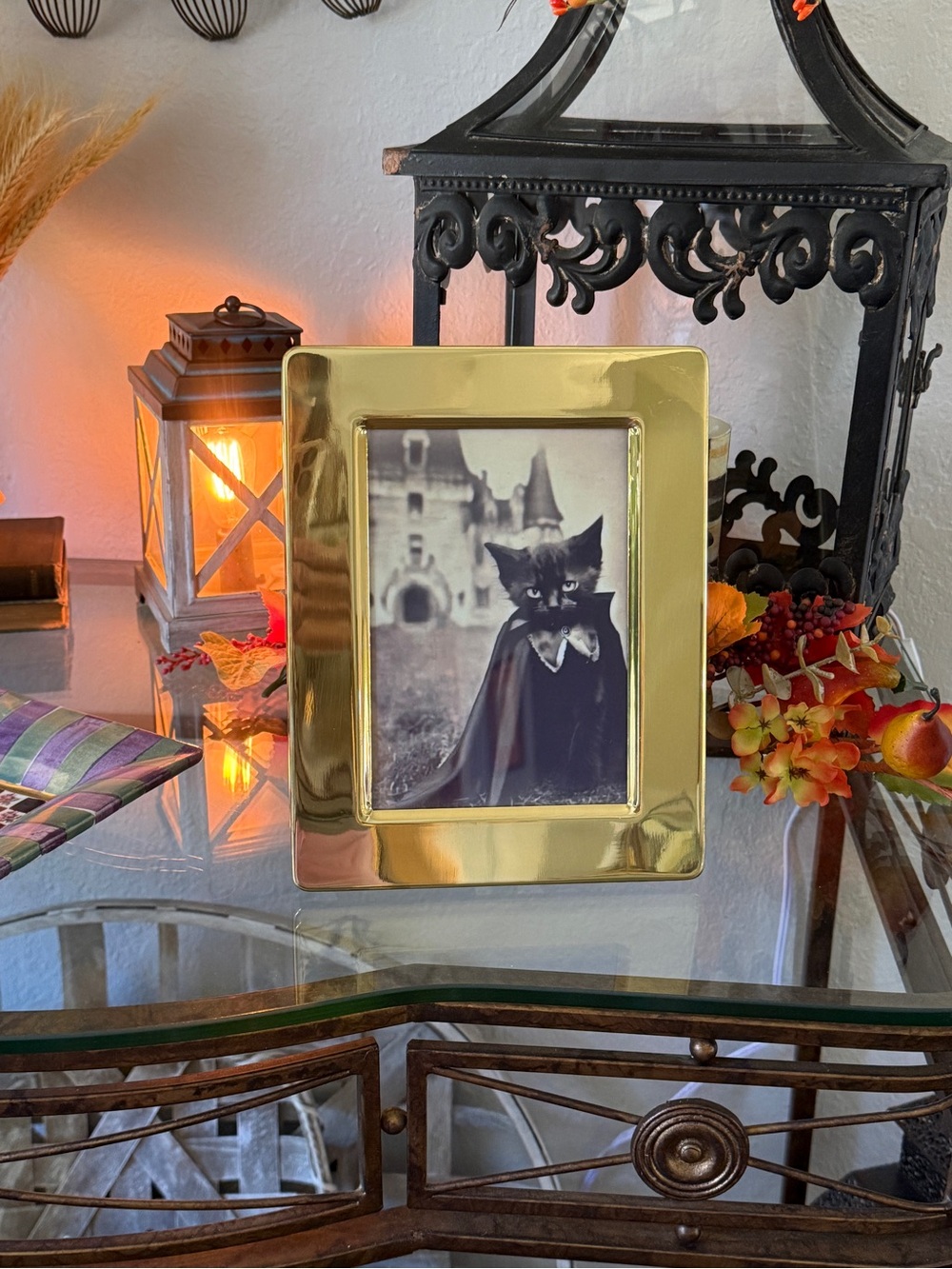 Vintage Brass Frame with Black Cat Halloween Print